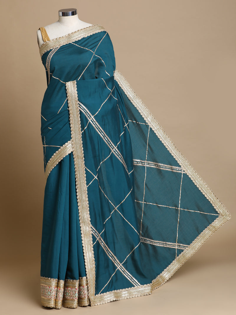 Vrishti x Tyohaar | Peacock Green Viscose Saree With Heritage Gotta Work & Designer Embroidered Lace-Binks
