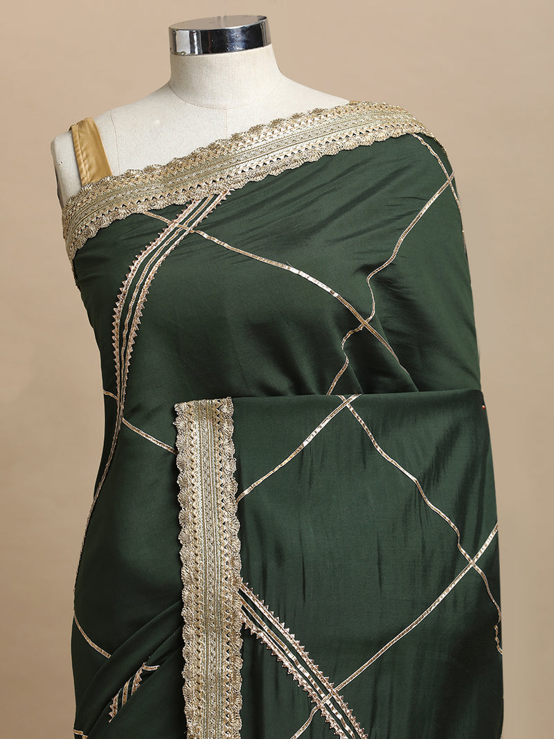 Vrishti x Tyohaar | Pine Green Viscose Saree With Heritage Gotta Work & Designer Embroidered Lace-Binks