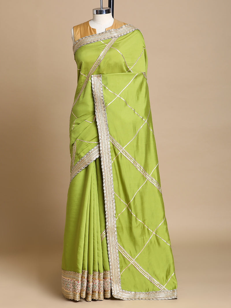 Vrishti x Tyohaar | Pista Green Viscose Saree With Heritage Gotta Work & Designer Embroidered Lace-Binks