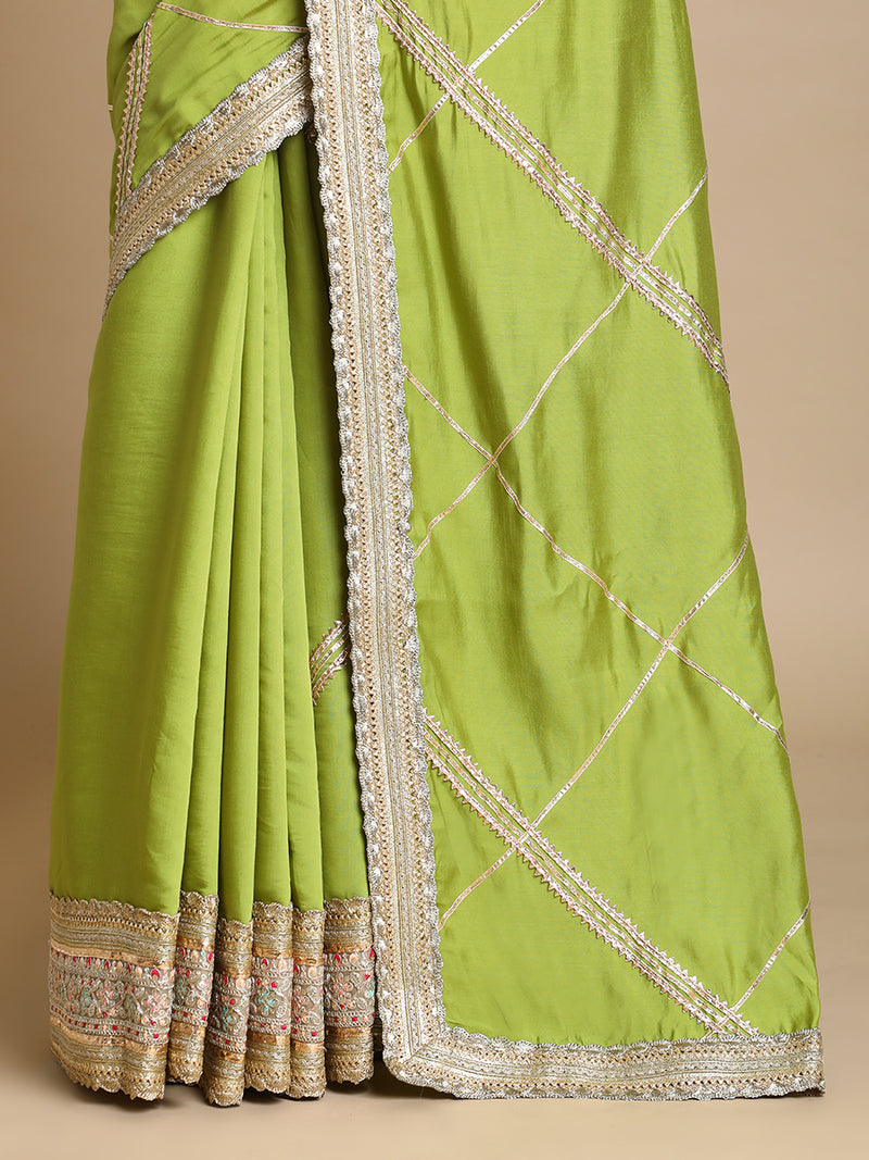 Vrishti x Tyohaar | Pista Green Viscose Saree With Heritage Gotta Work & Designer Embroidered Lace-Binks