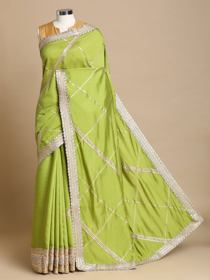 Vrishti x Tyohaar | Pista Green Viscose Saree With Heritage Gotta Work & Designer Embroidered Lace-Binks