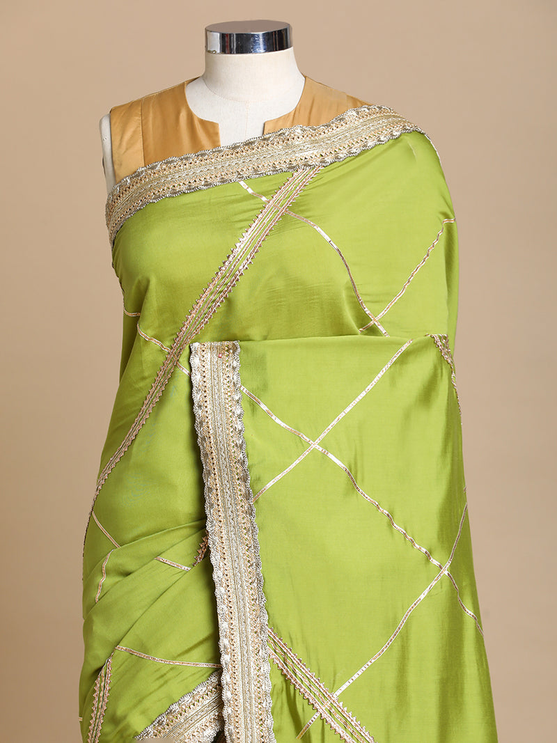 Vrishti x Tyohaar | Pista Green Viscose Saree With Heritage Gotta Work & Designer Embroidered Lace-Binks