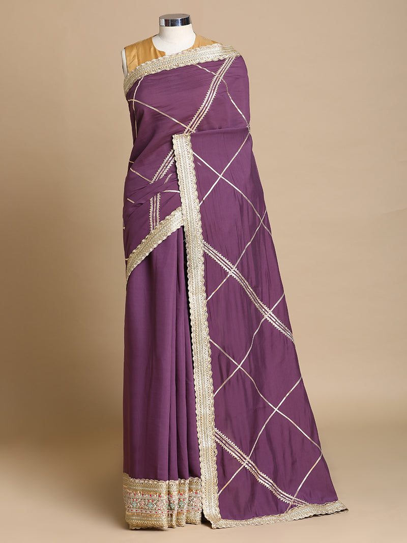 Vrishti x Tyohaar | Purple Mauve Viscose Saree With Heritage Gotta Work & Designer Embroidered Lace-Binks