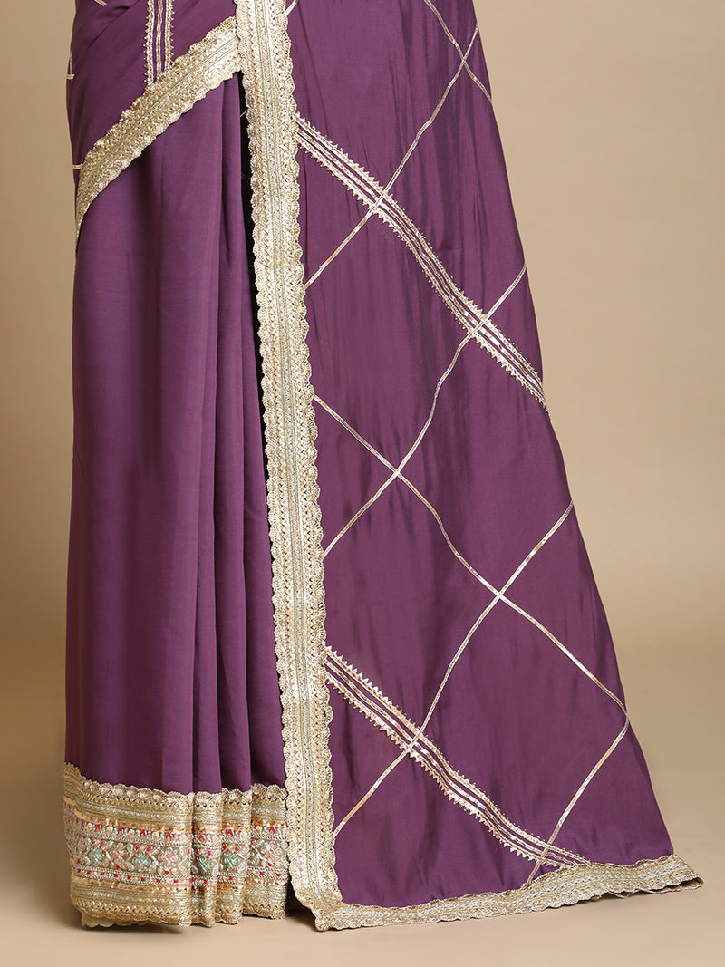 Vrishti x Tyohaar | Purple Mauve Viscose Saree With Heritage Gotta Work & Designer Embroidered Lace-Binks