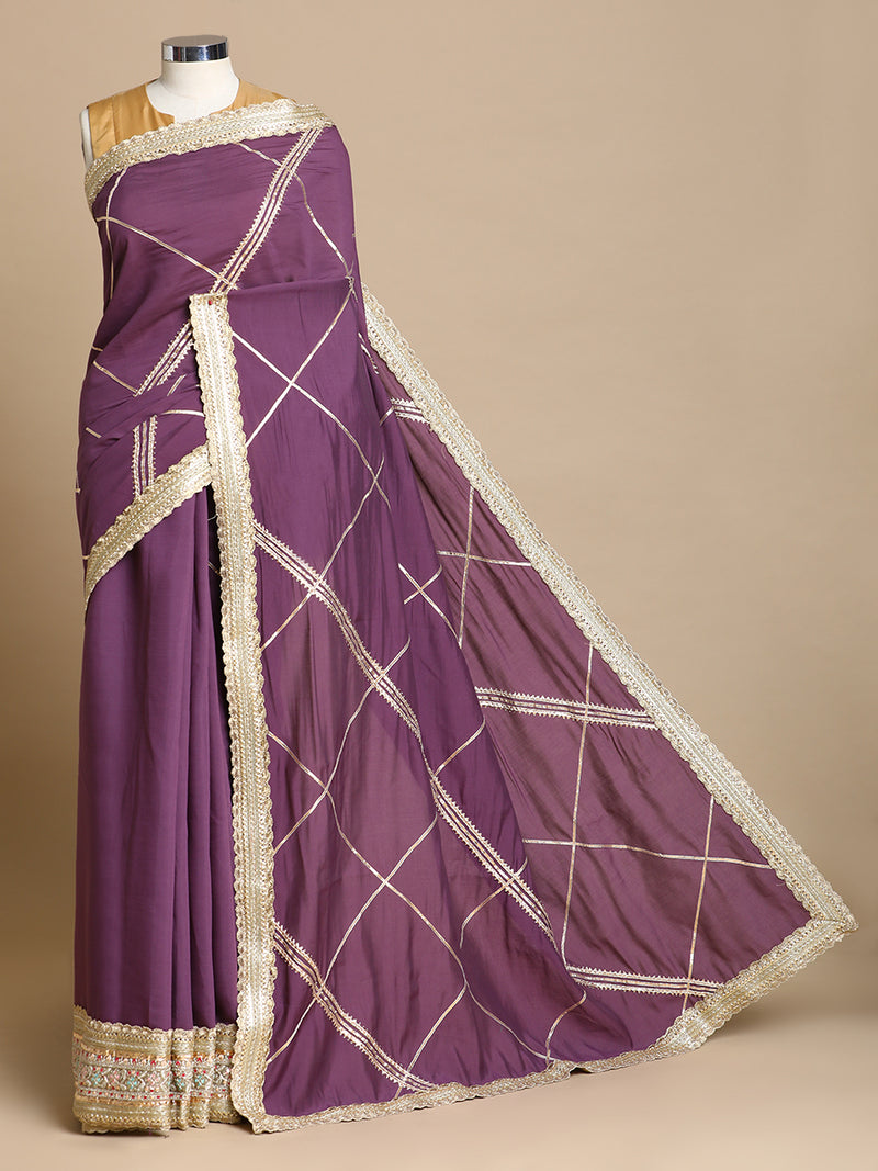 Vrishti x Tyohaar | Purple Mauve Viscose Saree With Heritage Gotta Work & Designer Embroidered Lace-Binks