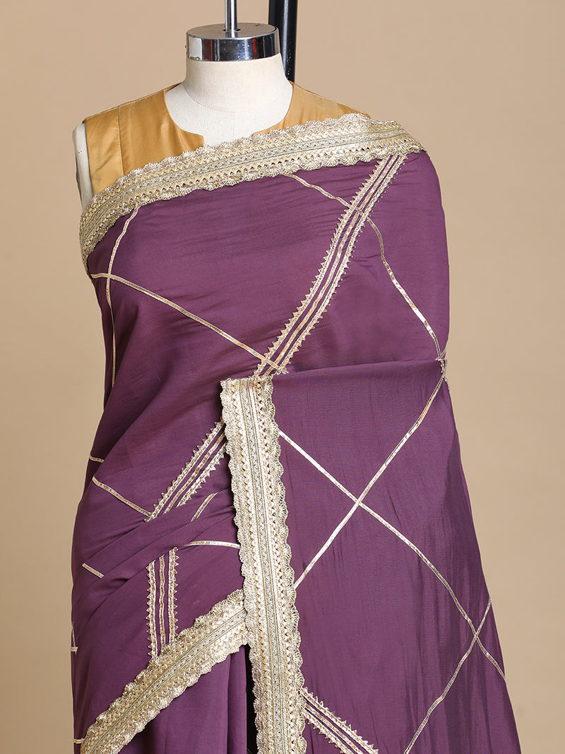 Vrishti x Tyohaar | Purple Mauve Viscose Saree With Heritage Gotta Work & Designer Embroidered Lace-Binks