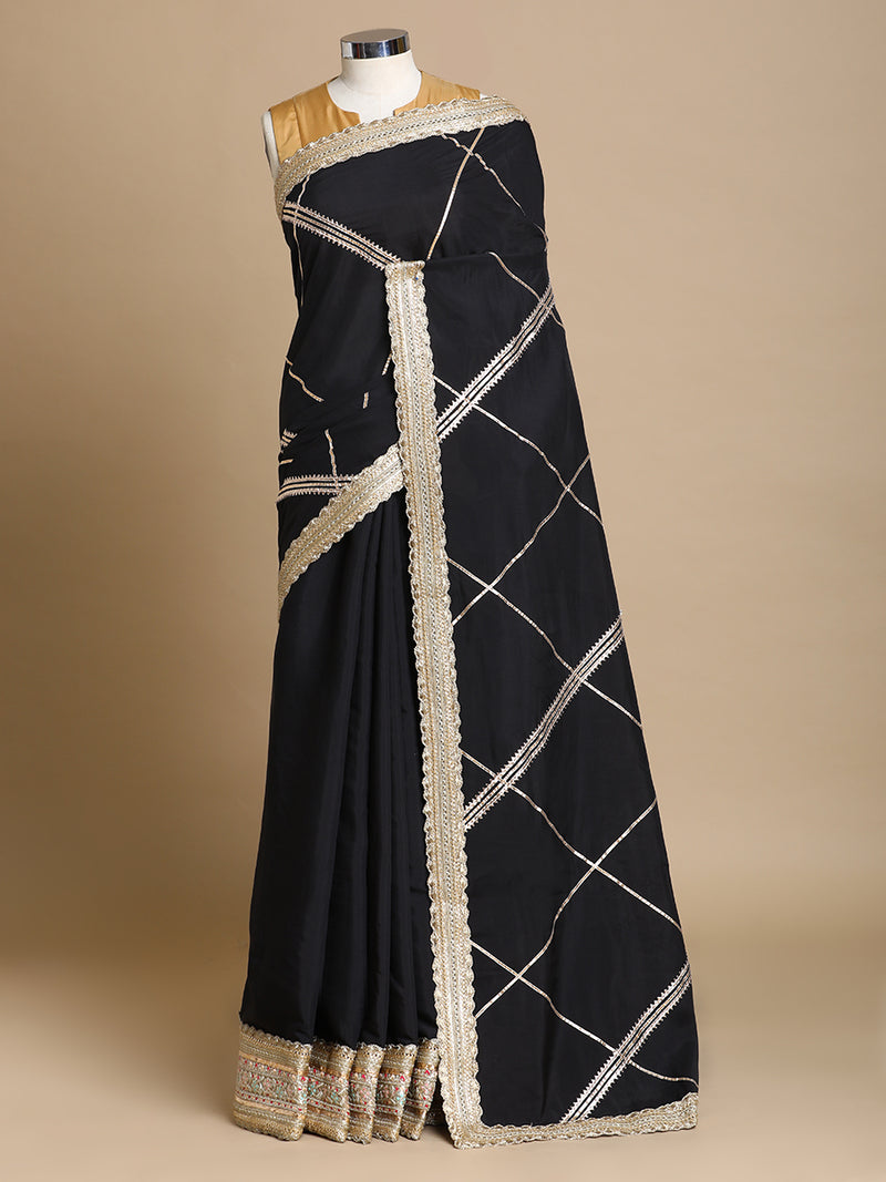 Vrishti x Tyohaar | Raven Black Viscose Saree With Heritage Gotta Work & Designer Embroidered Lace-Binks