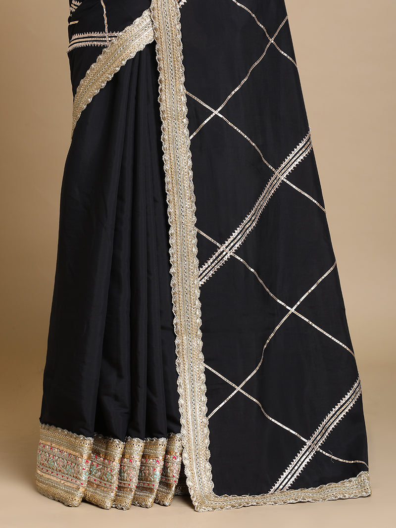 Vrishti x Tyohaar | Raven Black Viscose Saree With Heritage Gotta Work & Designer Embroidered Lace-Binks