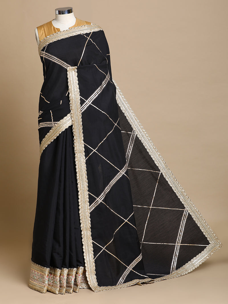 Vrishti x Tyohaar | Raven Black Viscose Saree With Heritage Gotta Work & Designer Embroidered Lace-Binks