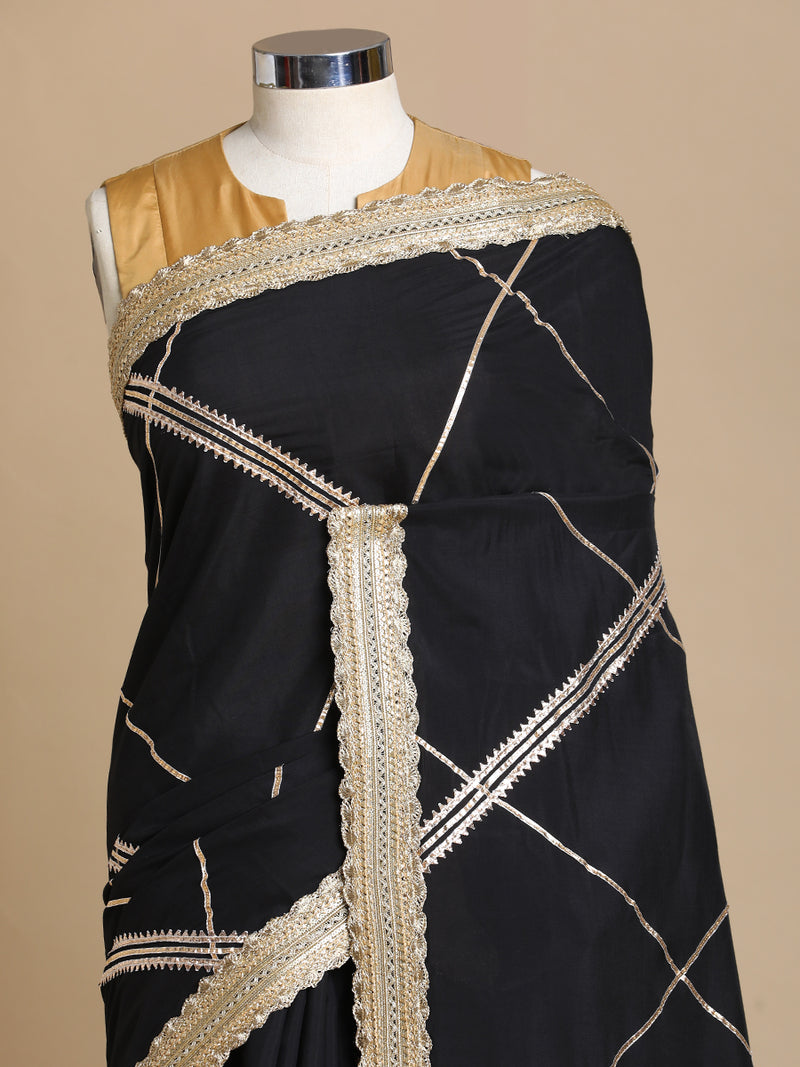 Vrishti x Tyohaar | Raven Black Viscose Saree With Heritage Gotta Work & Designer Embroidered Lace-Binks