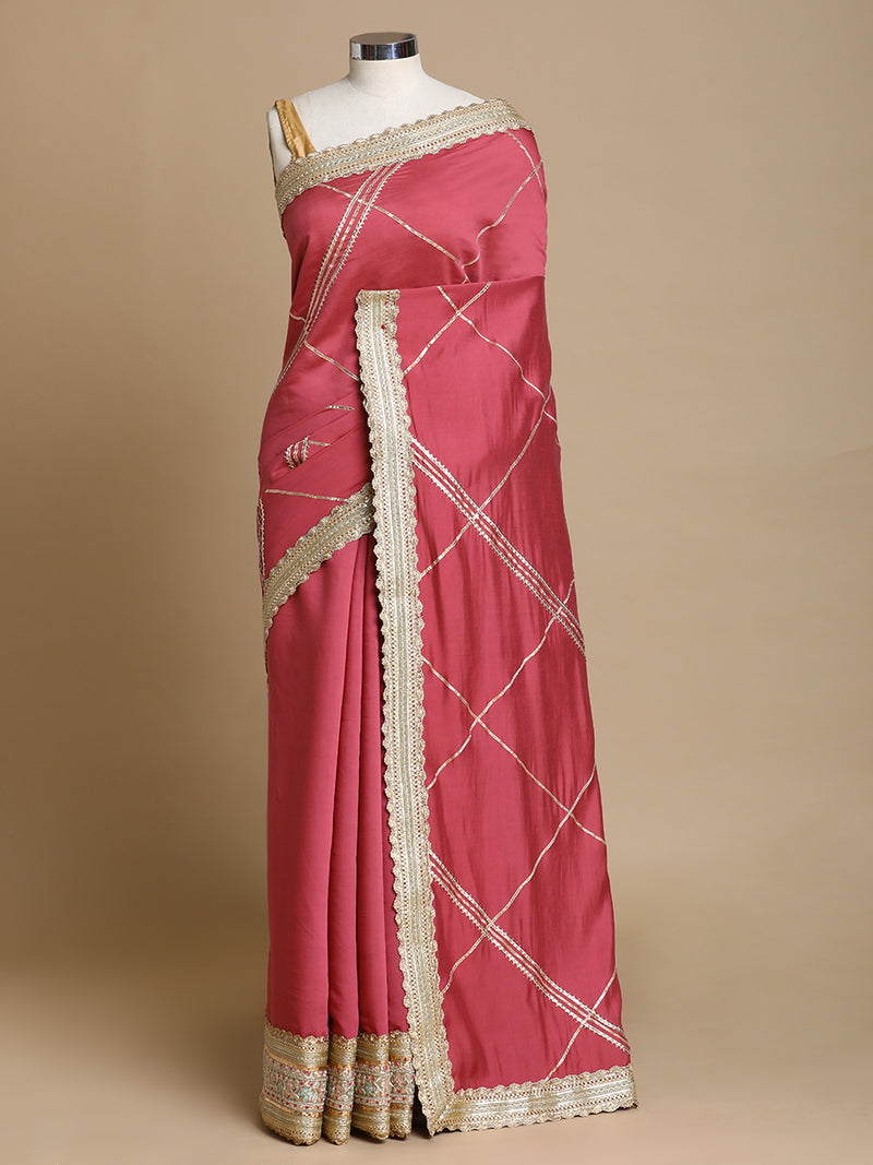 Vrishti x Tyohaar | Rose Pink Viscose Saree With Heritage Gotta Work & Designer Embroidered Lace-Binks