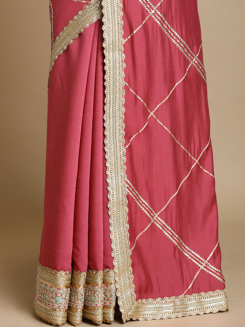 Vrishti x Tyohaar | Rose Pink Viscose Saree With Heritage Gotta Work & Designer Embroidered Lace-Binks
