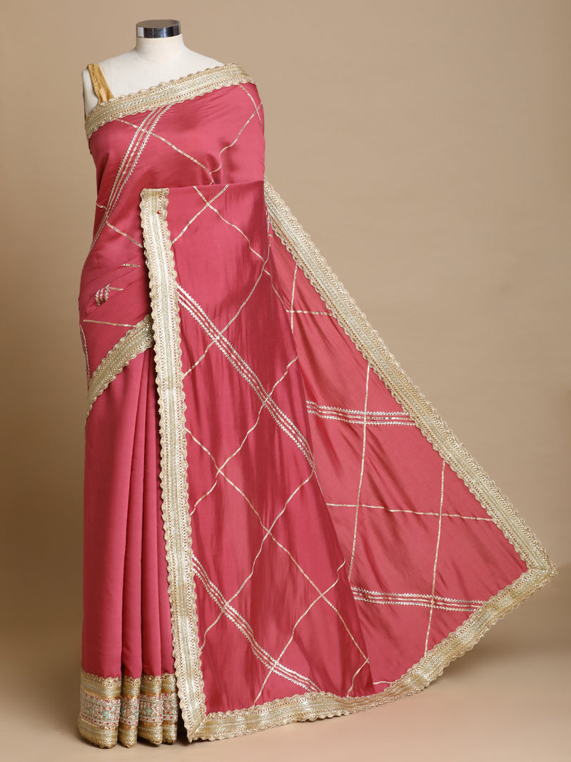 Vrishti x Tyohaar | Rose Pink Viscose Saree With Heritage Gotta Work & Designer Embroidered Lace-Binks