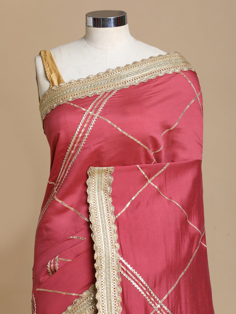 Vrishti x Tyohaar | Rose Pink Viscose Saree With Heritage Gotta Work & Designer Embroidered Lace-Binks