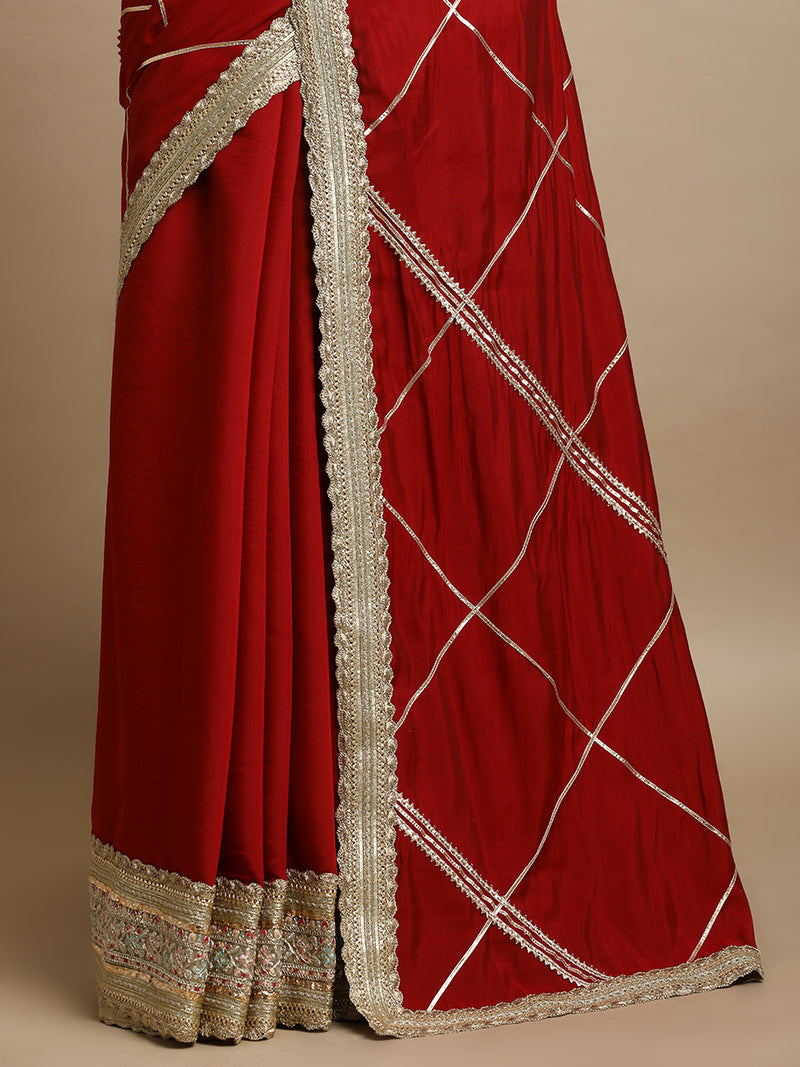 Vrishti x Tyohaar | Scarlet Red Viscose Saree With Heritage Gotta Work & Designer Embroidered Lace-Binks