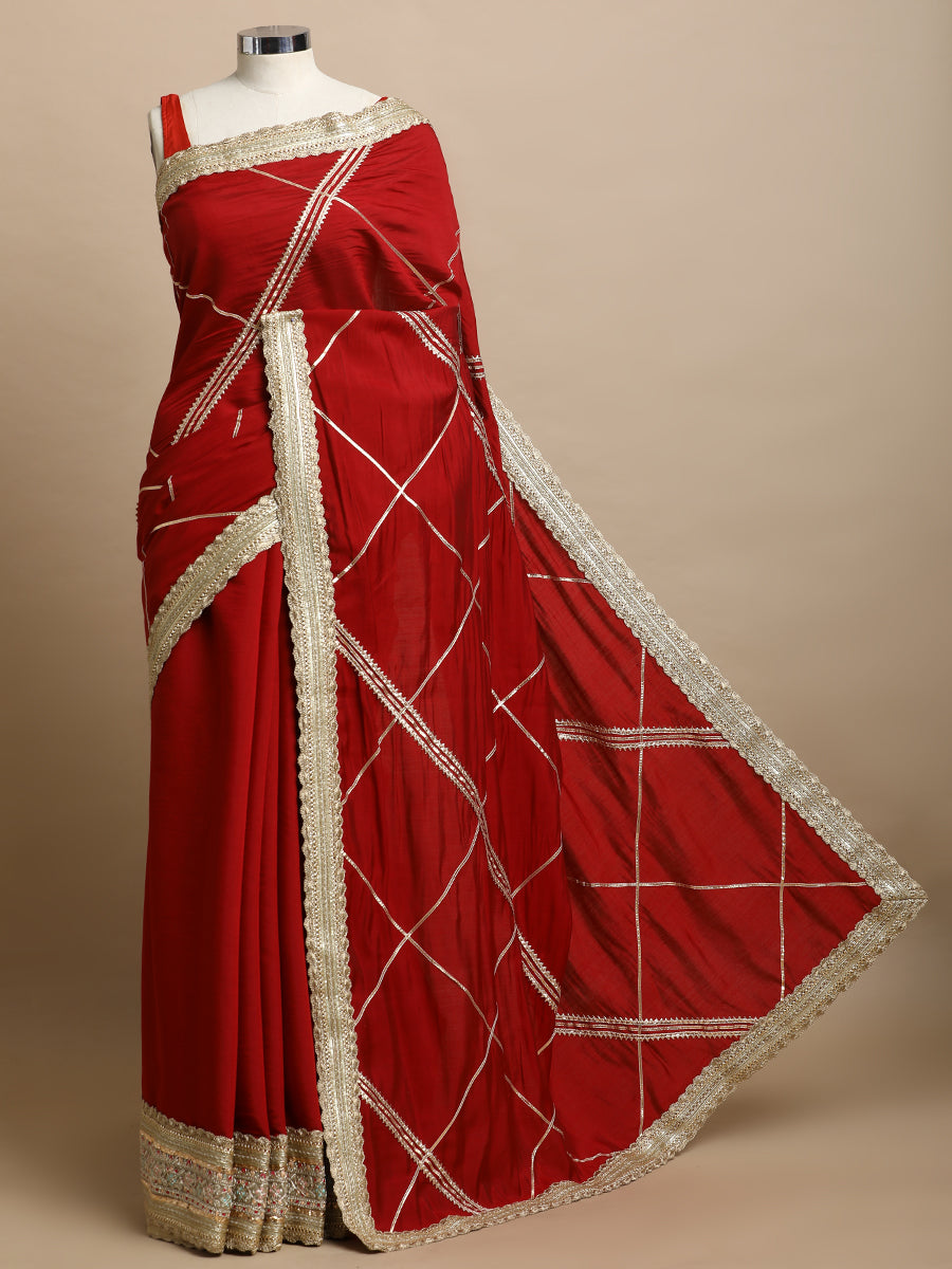 Vrishti x Tyohaar Saree, in Red 80% Viscose 20% Polyester, made for party & festive (view 3).
