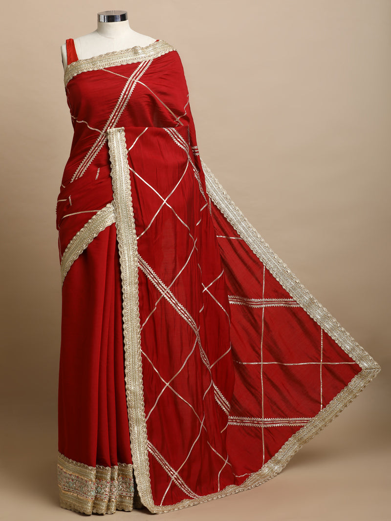 Vrishti x Tyohaar | Scarlet Red Viscose Saree With Heritage Gotta Work & Designer Embroidered Lace-Binks