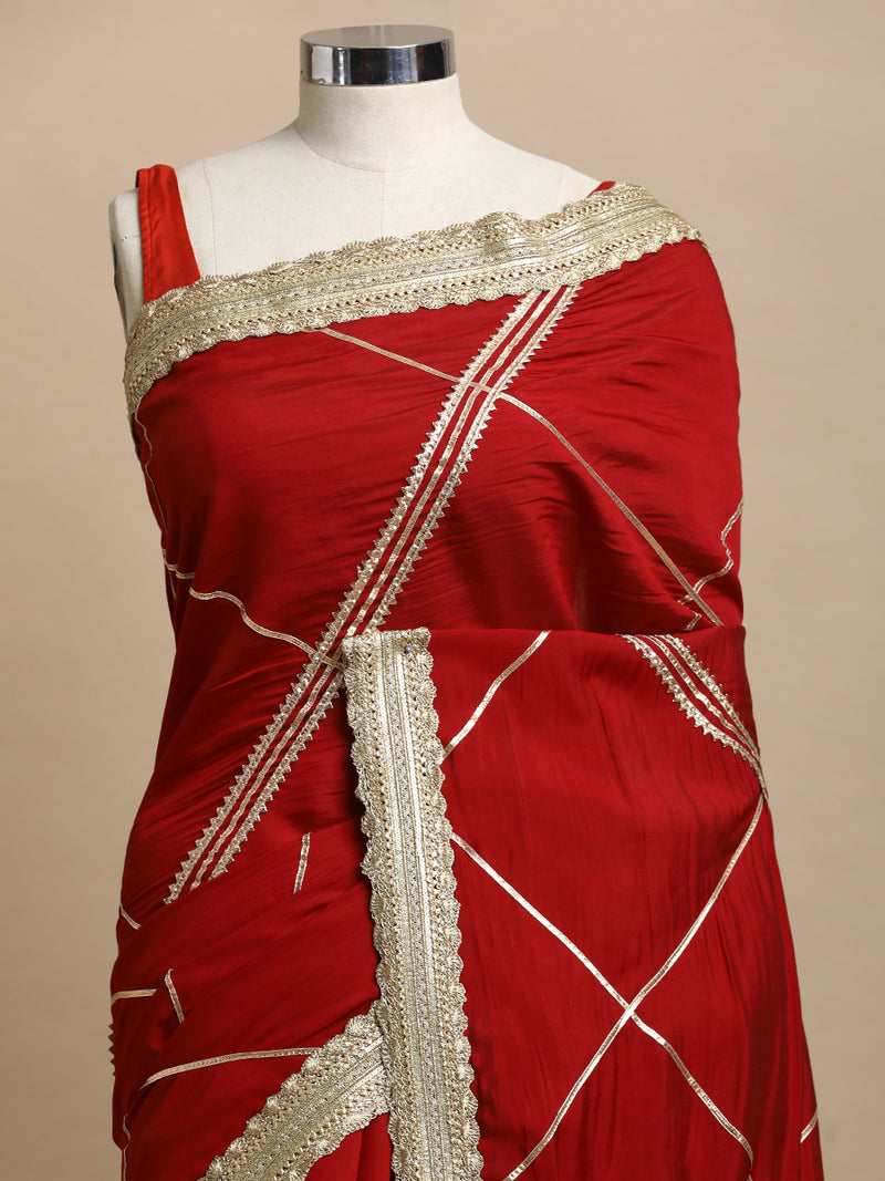 Vrishti x Tyohaar | Scarlet Red Viscose Saree With Heritage Gotta Work & Designer Embroidered Lace-Binks