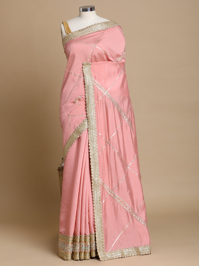 Vrishti x Tyohaar | Sea Pink Viscose Saree With Heritage Gotta Work & Designer Embroidered Lace-Binks
