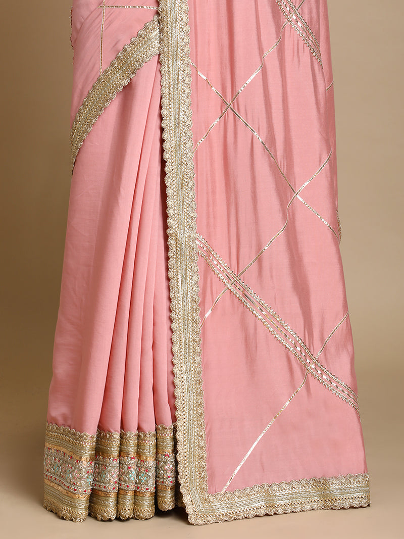 Vrishti x Tyohaar | Sea Pink Viscose Saree With Heritage Gotta Work & Designer Embroidered Lace-Binks