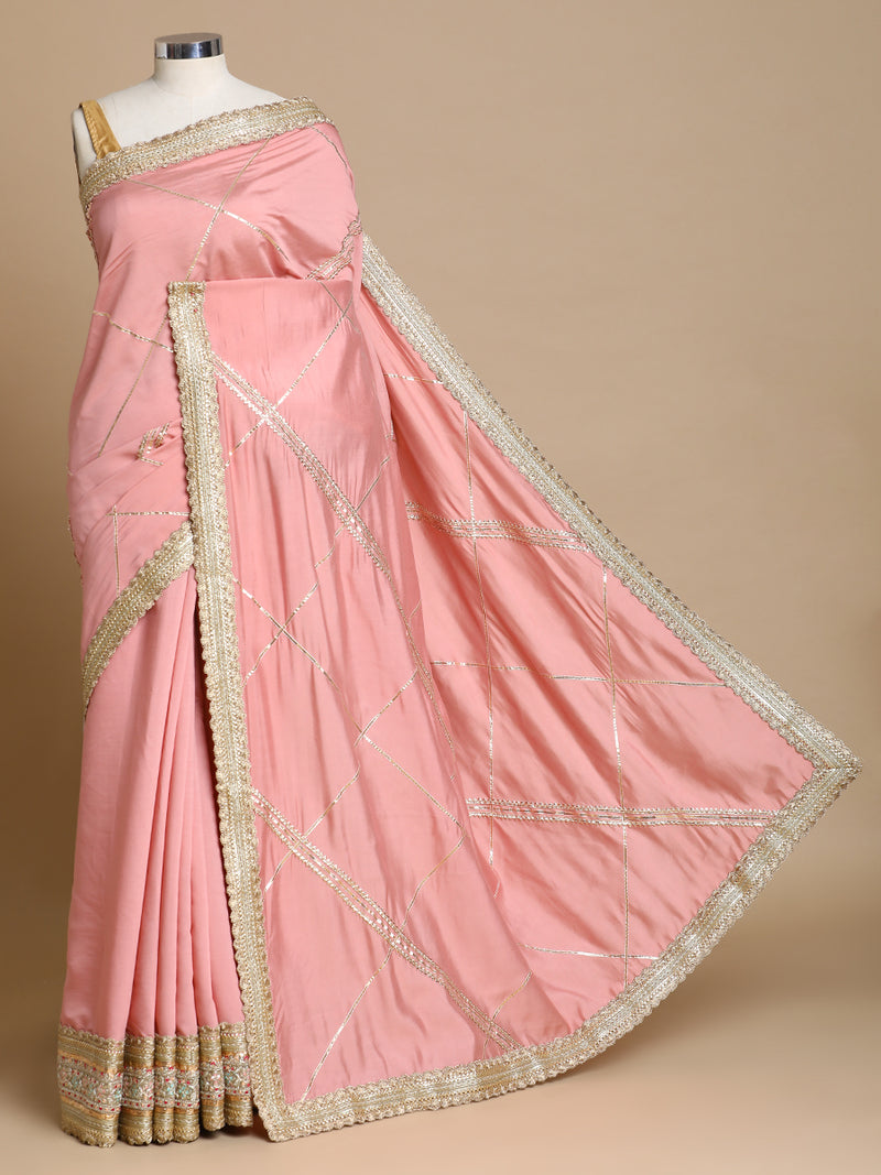 Vrishti x Tyohaar | Sea Pink Viscose Saree With Heritage Gotta Work & Designer Embroidered Lace-Binks