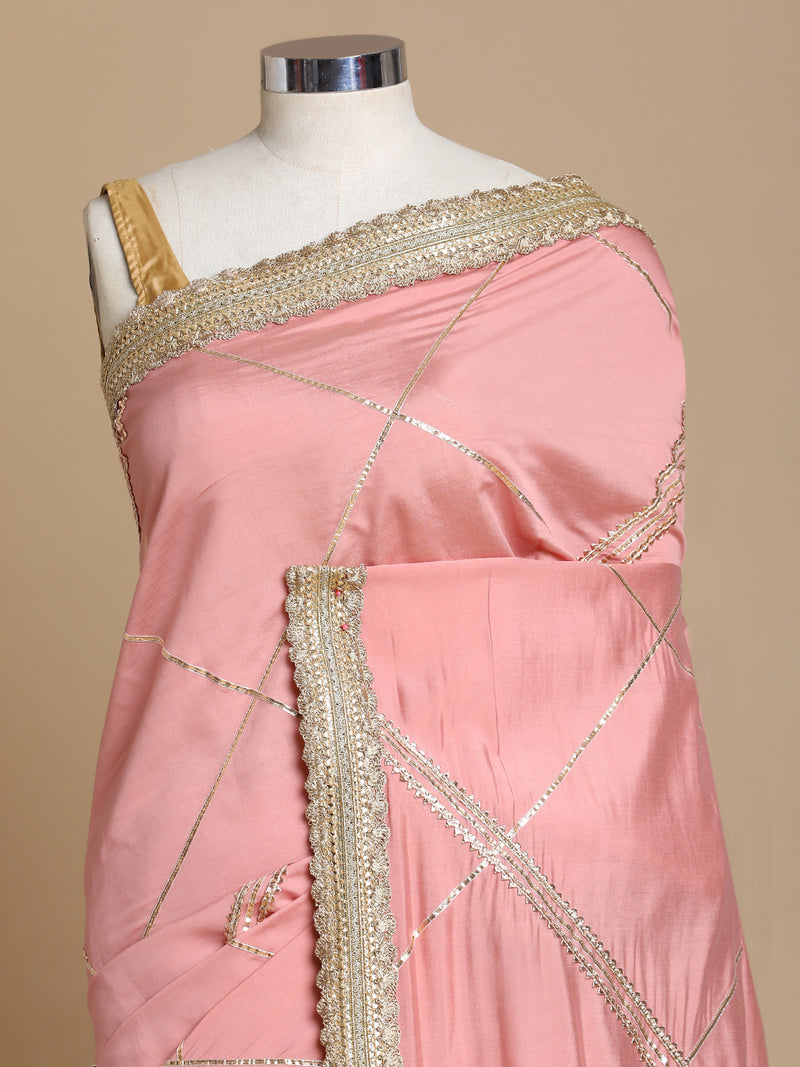 Vrishti x Tyohaar | Sea Pink Viscose Saree With Heritage Gotta Work & Designer Embroidered Lace-Binks