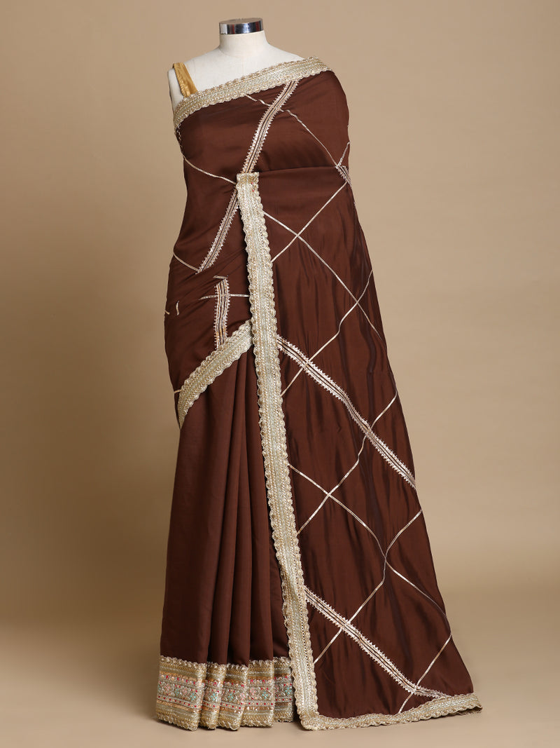 Vrishti x Tyohaar | Walnut Brown Viscose Saree With Heritage Gotta Work & Designer Embroidered Lace-Binks