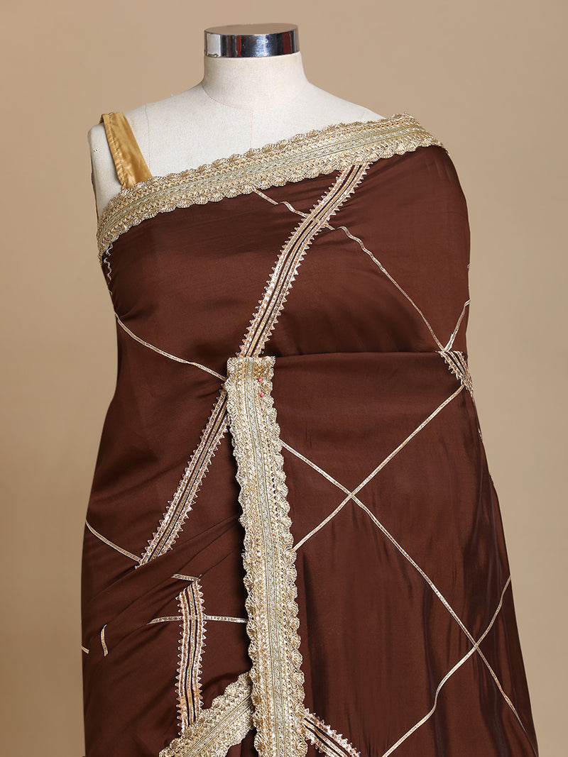 Vrishti x Tyohaar | Walnut Brown Viscose Saree With Heritage Gotta Work & Designer Embroidered Lace-Binks