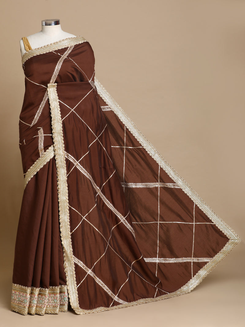 Vrishti x Tyohaar | Walnut Brown Viscose Saree With Heritage Gotta Work & Designer Embroidered Lace-Binks
