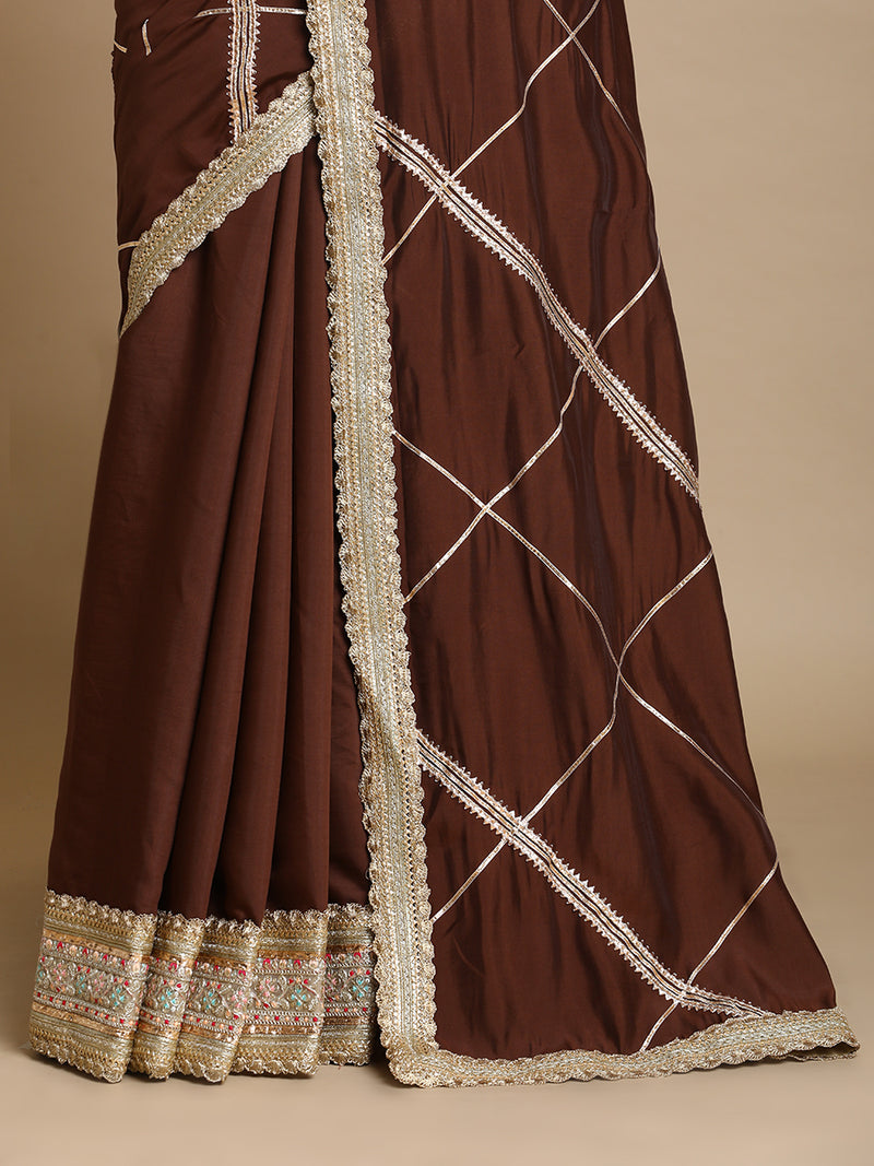 Vrishti x Tyohaar | Walnut Brown Viscose Saree With Heritage Gotta Work & Designer Embroidered Lace-Binks