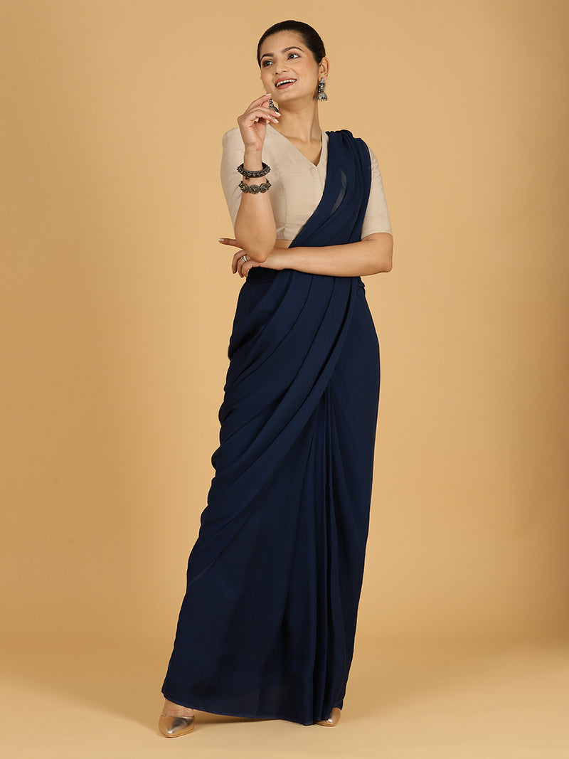 Yamini x Rozaana | Navy Blue Georgette Ready-to-Wear Saree-Binks