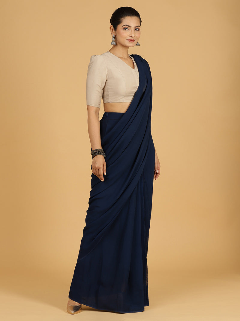 Yamini x Rozaana | Navy Blue Georgette Ready-to-Wear Saree-Binks