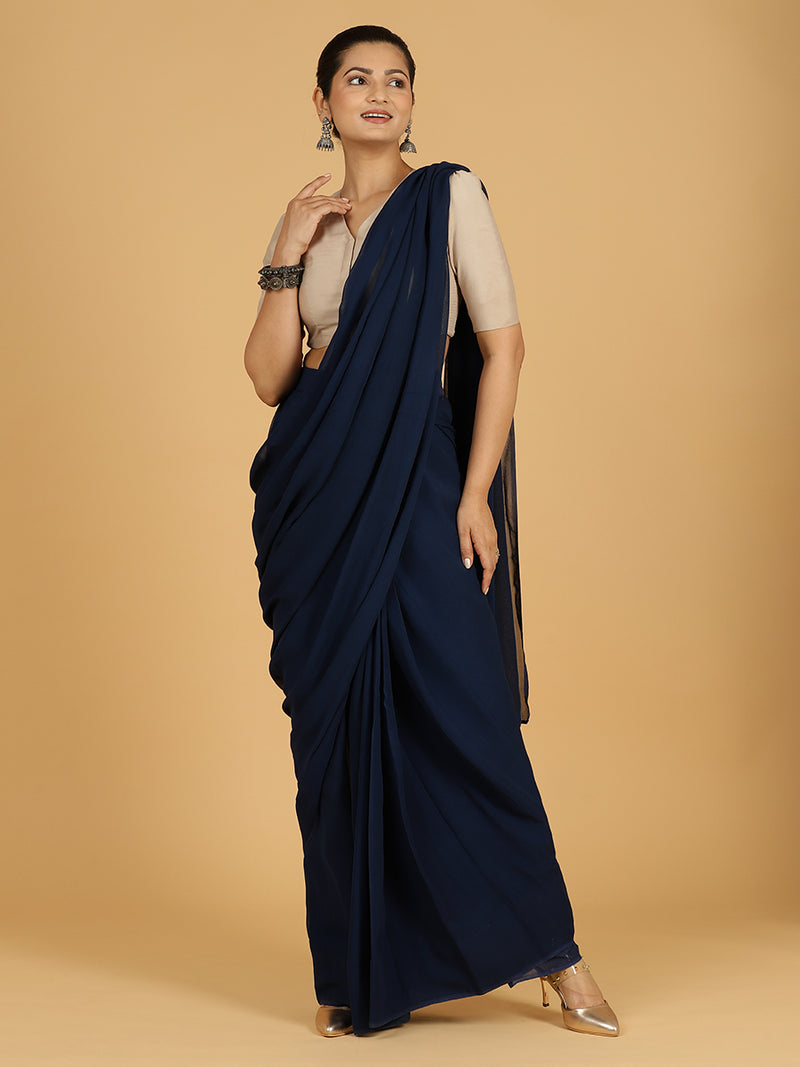 Yamini x Rozaana | Navy Blue Georgette Ready-to-Wear Saree-Binks