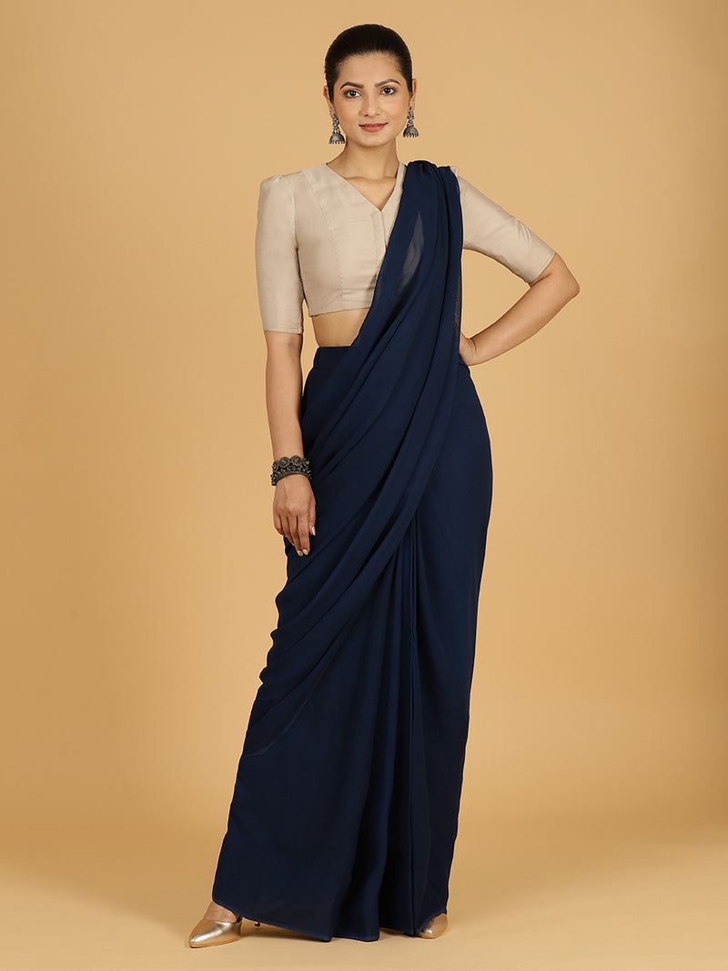 Yamini x Rozaana | Navy Blue Georgette Ready-to-Wear Saree-Binks