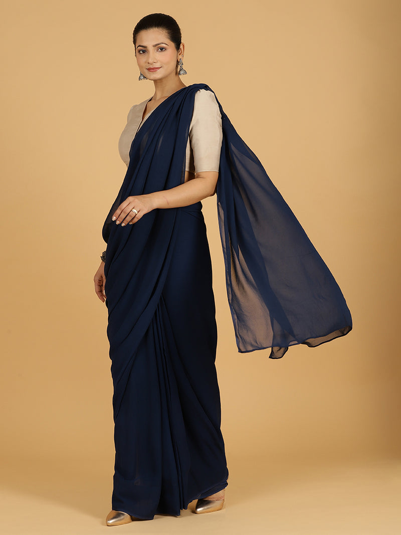 Yamini x Rozaana | Navy Blue Georgette Ready-to-Wear Saree-Binks