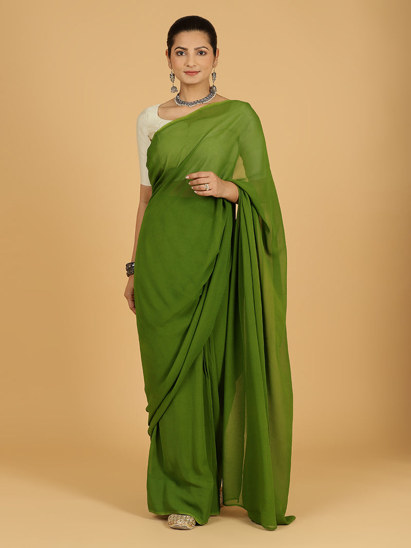 Yashika x Rozaana | Olive Green Georgette Ready-to-Wear Saree-Binks