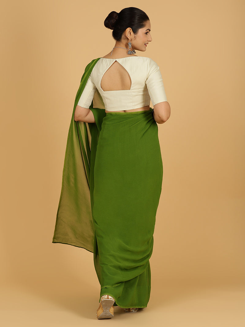 Yashika x Rozaana | Olive Green Georgette Ready-to-Wear Saree-Binks