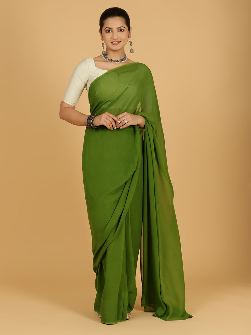 Yashika x Rozaana | Olive Green Georgette Ready-to-Wear Saree-Binks