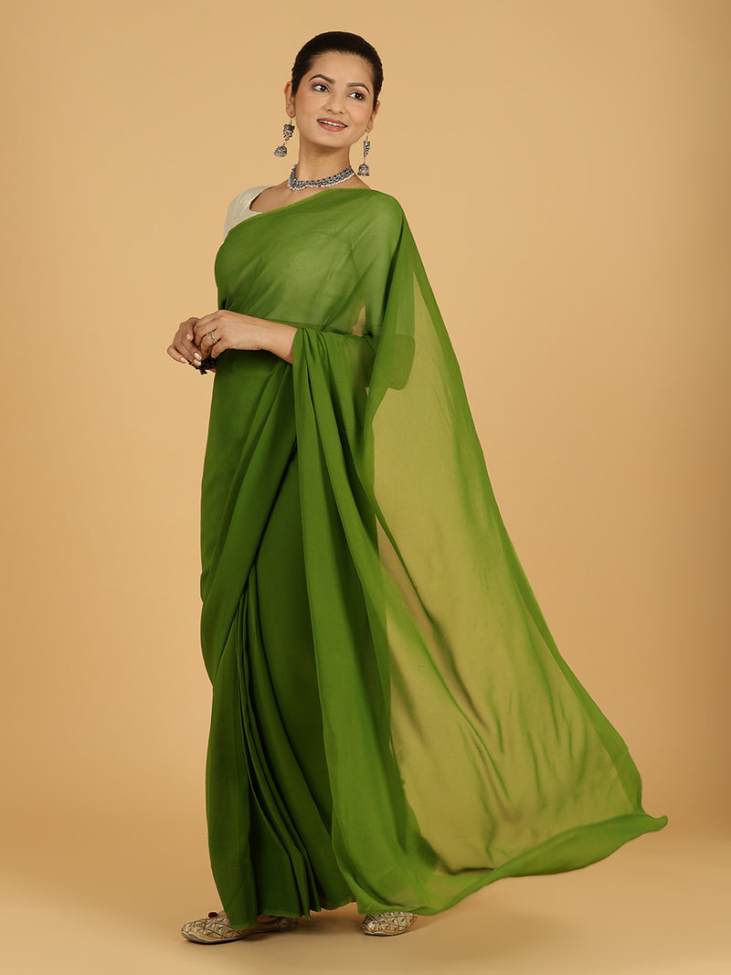 Yashika x Rozaana | Olive Green Georgette Ready-to-Wear Saree-Binks