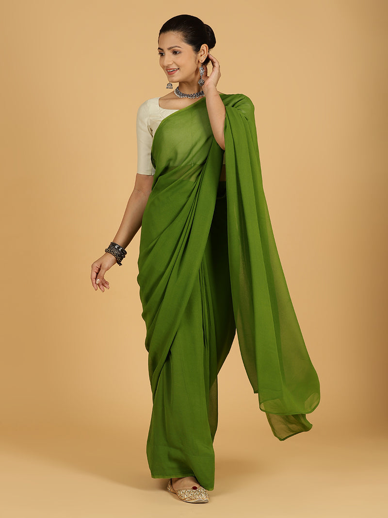 Yashika x Rozaana | Olive Green Georgette Ready-to-Wear Saree-Binks