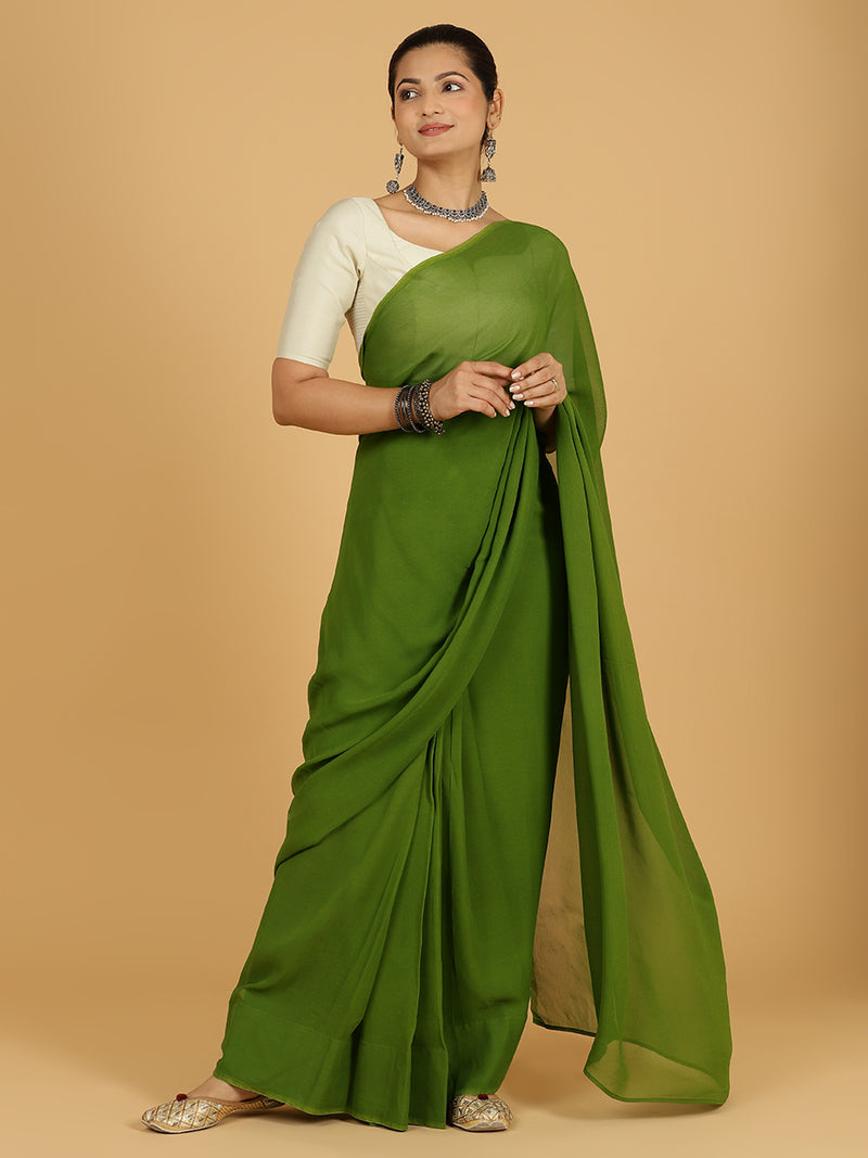 Yashika x Rozaana | Olive Green Georgette Ready-to-Wear Saree-Binks