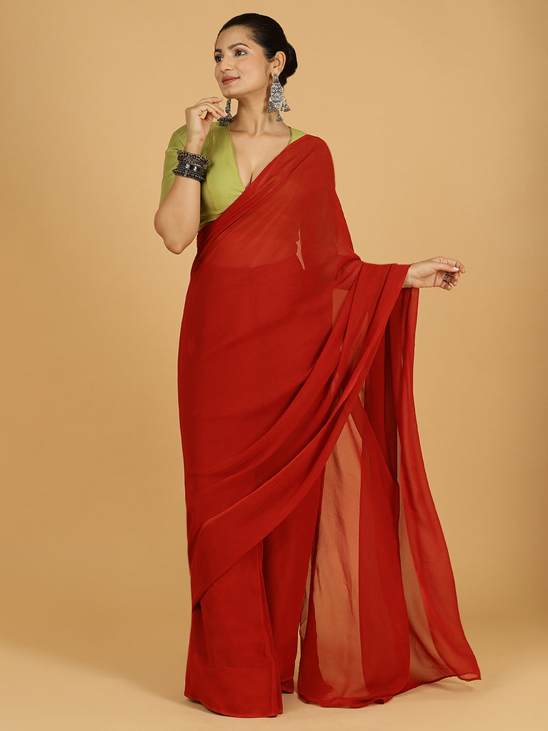Zinal x Rozaana | Rust Orange Georgette Ready-to-Wear Saree-Binks