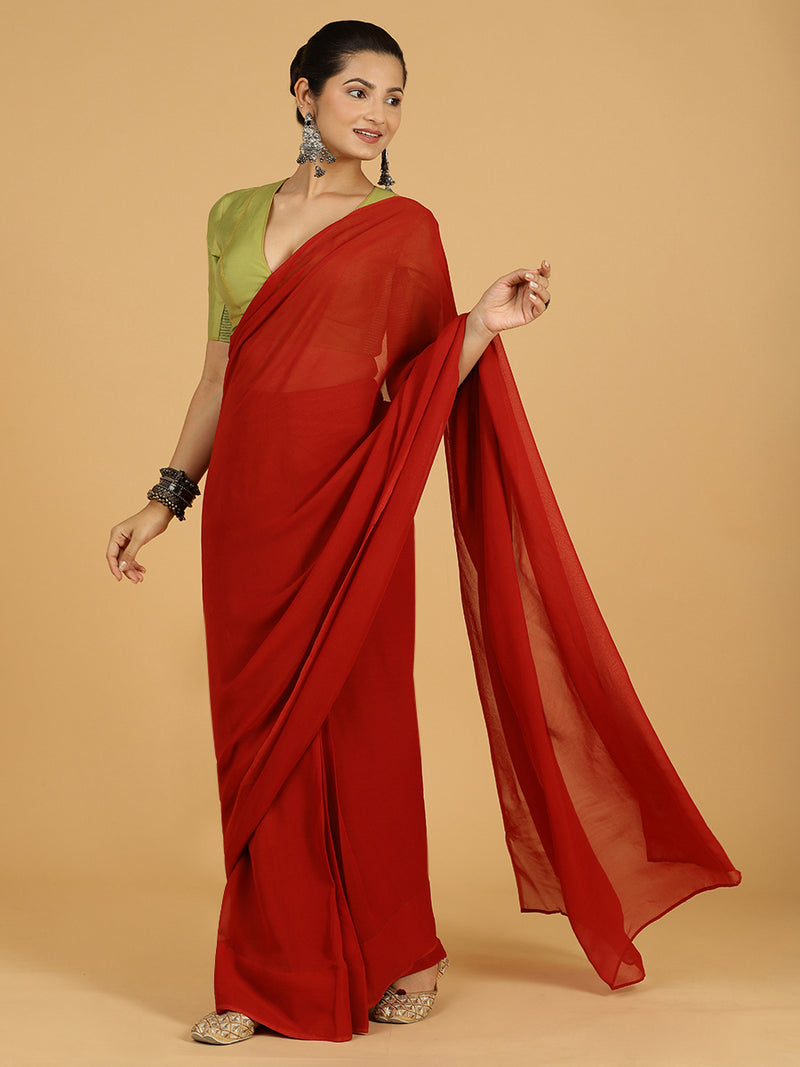 Zinal x Rozaana | Rust Orange Georgette Ready-to-Wear Saree-Binks