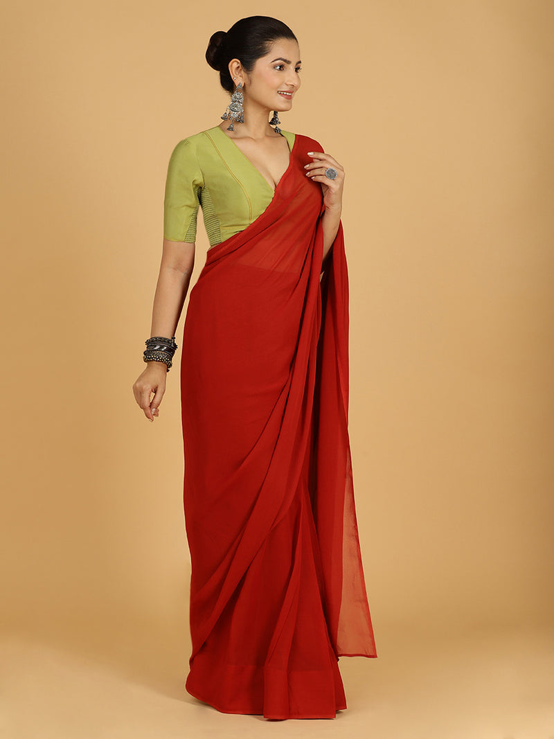 Zinal x Rozaana | Rust Orange Georgette Ready-to-Wear Saree-Binks