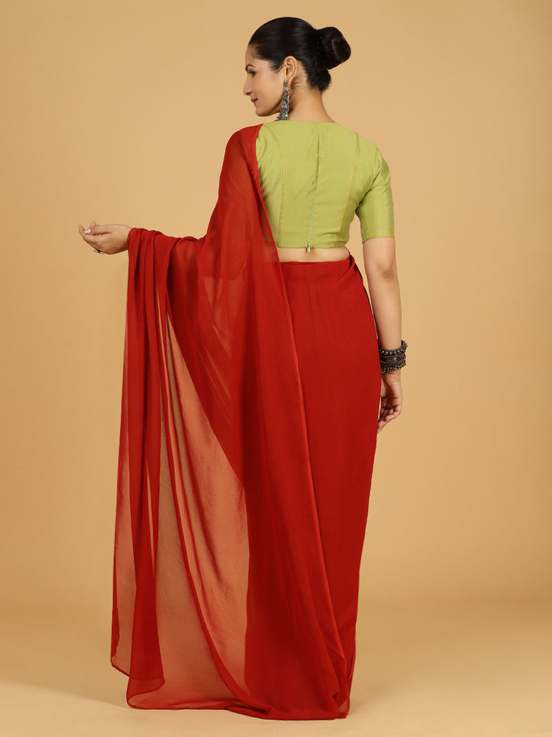 Zinal x Rozaana | Rust Orange Georgette Ready-to-Wear Saree-Binks