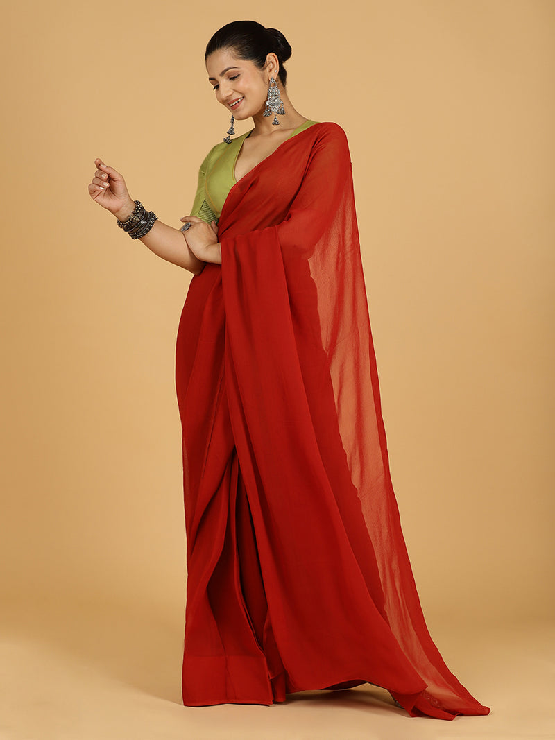 Zinal x Rozaana | Rust Orange Georgette Ready-to-Wear Saree-Binks