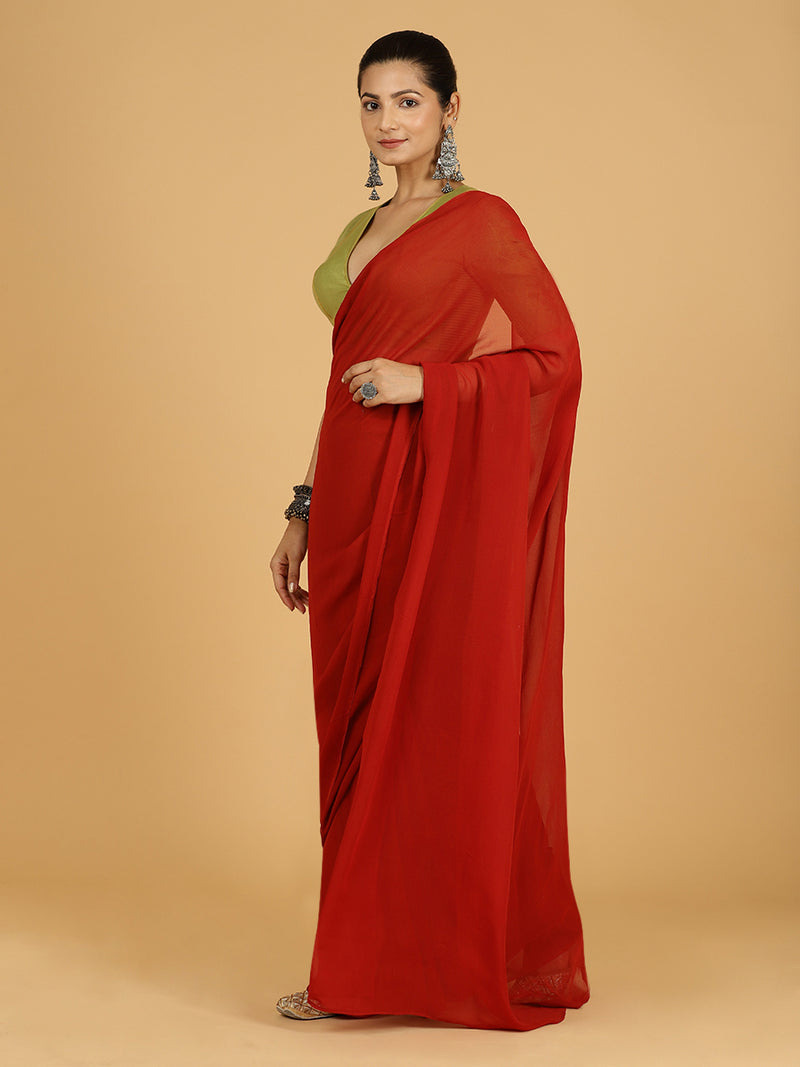 Zinal x Rozaana | Rust Orange Georgette Ready-to-Wear Saree-Binks