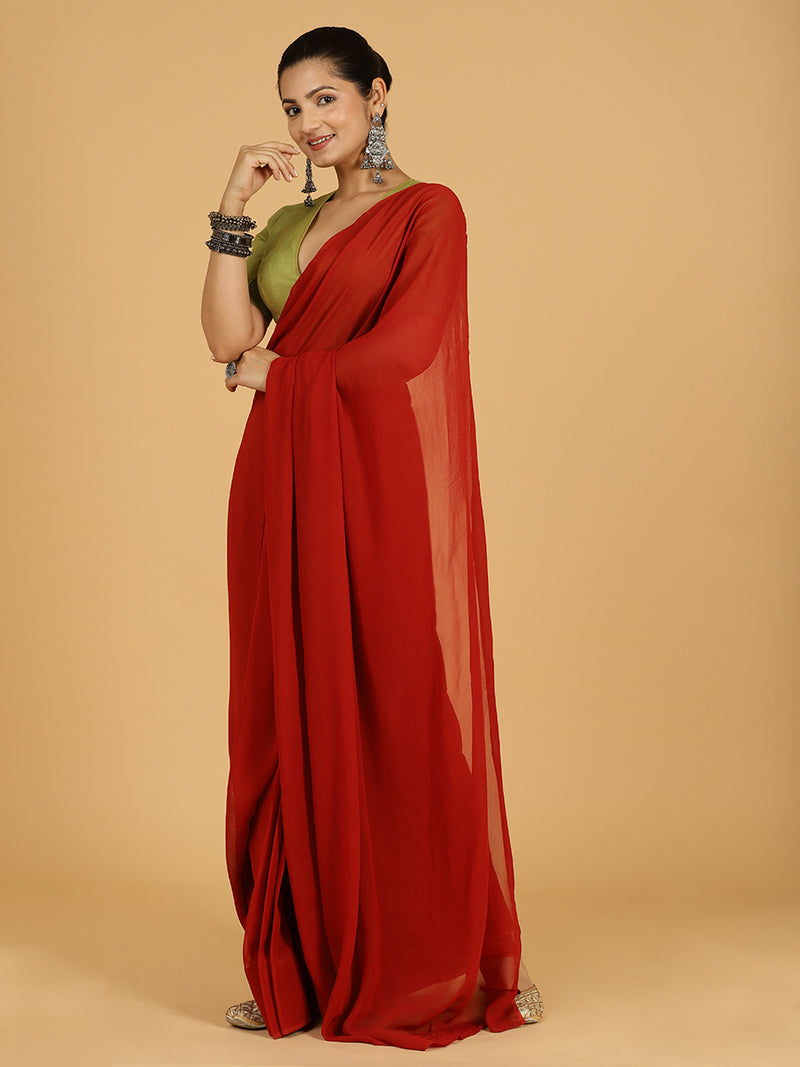 Zinal x Rozaana | Rust Orange Georgette Ready-to-Wear Saree-Binks