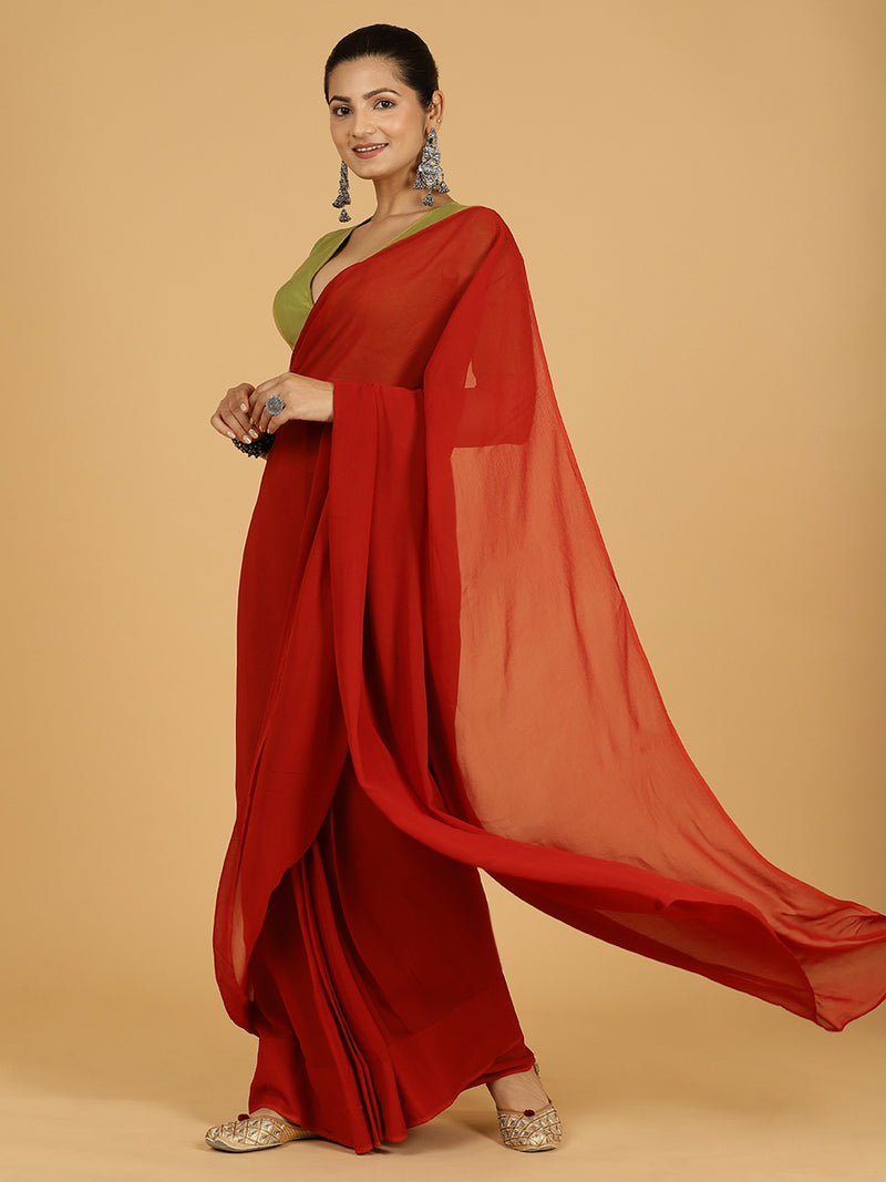 Zinal x Rozaana | Rust Orange Georgette Ready-to-Wear Saree-Binks