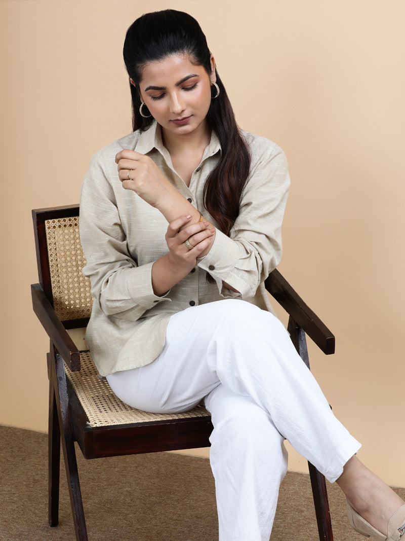 Abby x Soma | Relaxed Women's Shirt in Sandy Weave Handloom Khadi Cotton-Binks